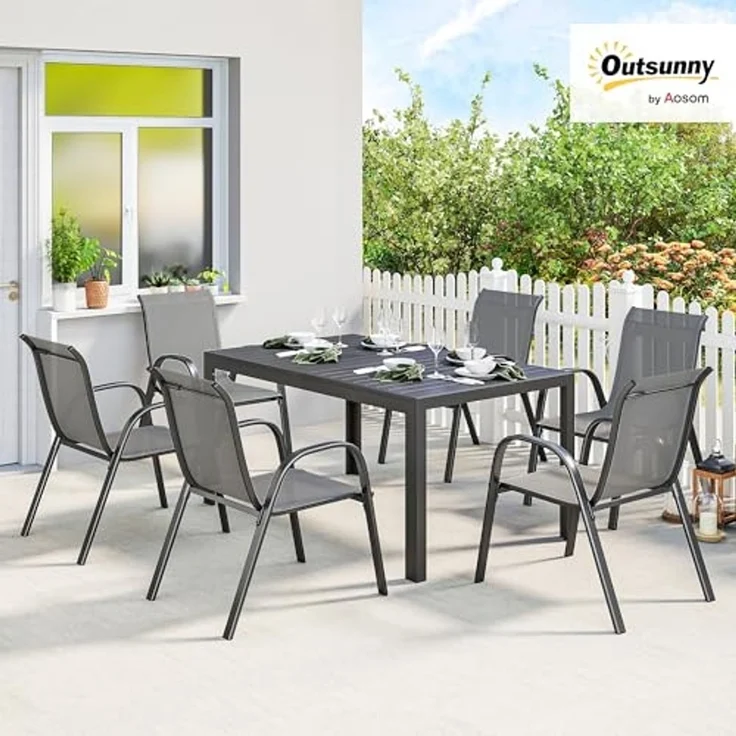 Outsunny Garten-Essgruppe mit 6 Atmungsaktiven Stapelstühlen, Lamelldesign, (Gartenset, 7-tlg, Gartenmöbel Set), für Garten Balkon Terrasse Hellgrau – Bild 2