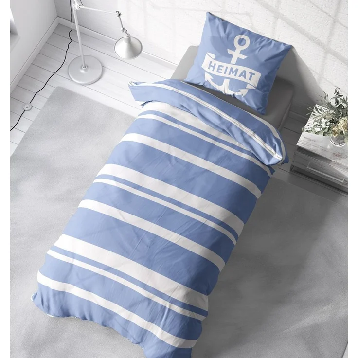 One Home Bettwäsche Maritim Heimat, Mikrofaser, 2 teilig, Knitterfrei Weich, Anker Gestreift Streifen Marine blau weiß – Bild 4