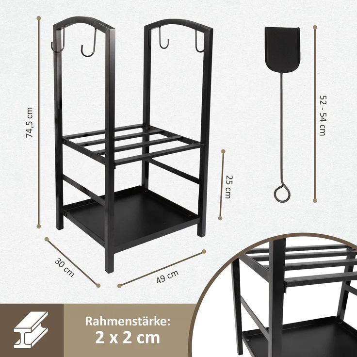 Kaminholzregal mit 4 teiligem Kaminbesteck, Metallregal, Brennholzregal – Bild 5