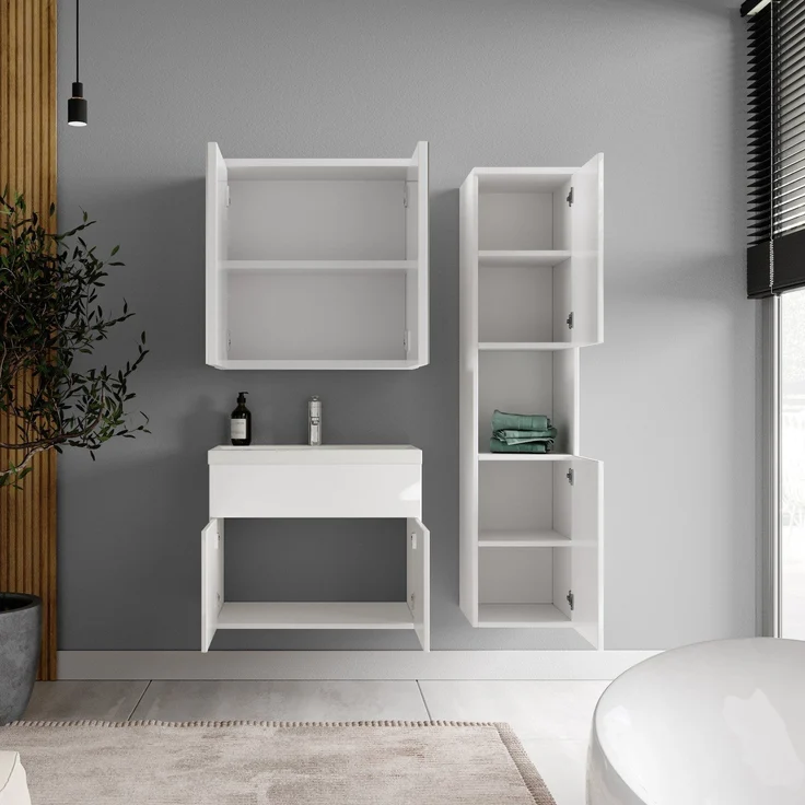Badplaats Badmöbel Komplettset Montreal 60x35 cm Weiß Hochglanz - Badezimmermöbel mit Waschbecken, Spiegelschrank und Badezimmerschrank – Bild 3