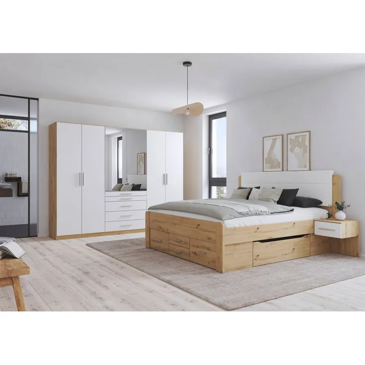 rauch Schlafzimmer-Set Komplettschlafzimmer Stauraumbett Liegefläche 180x200 MADE IN GERMANY, (Set, 4-tlg, Schrank B/H/T: 271/210/54 cm, Nachttische und Schrank inkl. SOFT-CLOSE), Schrank mit 5 Schubladen, Bettanlage mit 8 Schubladen MADE IN GERMANY