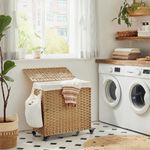 Songmics Wäschekorb handgeflochten mit 3 Fächern, Polyrattan Naturfarben, 66 x 33 x 60 cm
