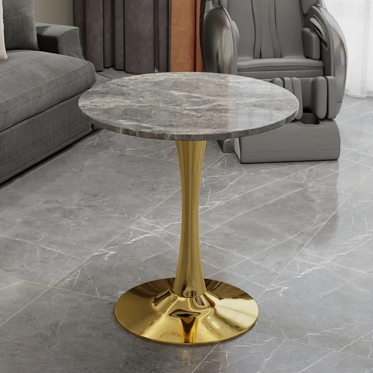 Novelux Couchtisch Gold Runder Esstisch Marmoroptik Dunkelgrau, Mid-Century Tisch 70cm für 2-4 Personen, Kaffeetisch Wohnzimmertisch