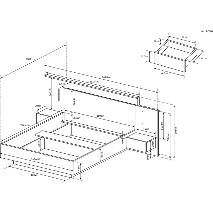 Vente-unique - FRANCOLI Bett Holz, Platte GrauBeige - B 218,2 cm x H 102 cm x L 264,4 cm – Bild 3