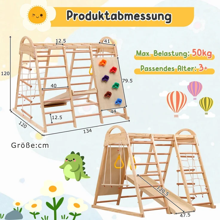 7-in-1-Multifunktions-Klettergerüst ,Massivholz, Sperrholz und Buchenholz. Schaukel, Kletterleiter, Kletterplattenrutsche, Ein Netz zum Klettern, Kletterstein aus Kunststoff. Ringe. Kann als Zelthaus. – Bild 9