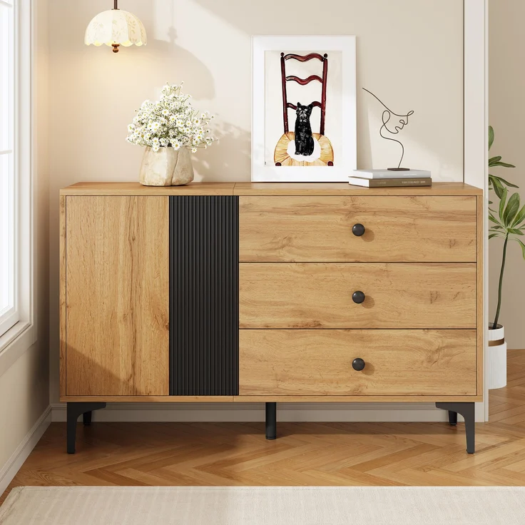 Sideboard aus Spanplatte mit Tür & 3 Schubladen, 120x35x76 cm, Natur/Schwarz – Bild 1