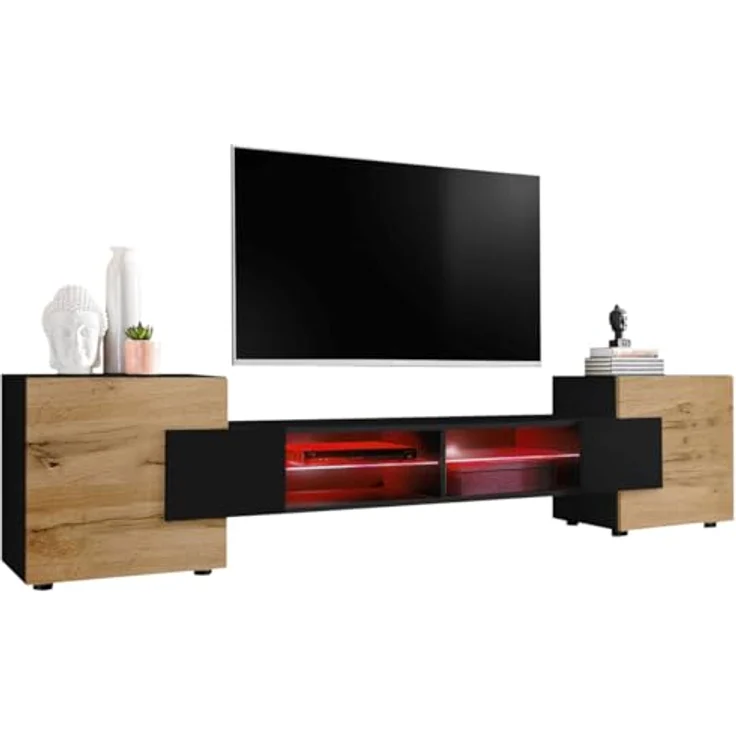 Komodee Lowboard Merano, Schwarz/Schwarz, Eiche Wotan, 4 Fächer, 230x52.5x35 cm, für Wohnzimmer und Wohnwände – Bild 2