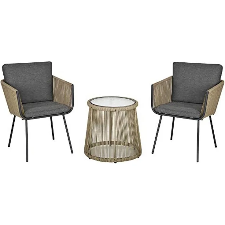 Outsunny Gartenlounge-Set Rattan Gartenmöbel-Set mit 2 Gartenstühle, Beistelltisch, (Sitzgruppe, 3-tlg, Gartengarnitur), für Balkon, Stahl, Grau