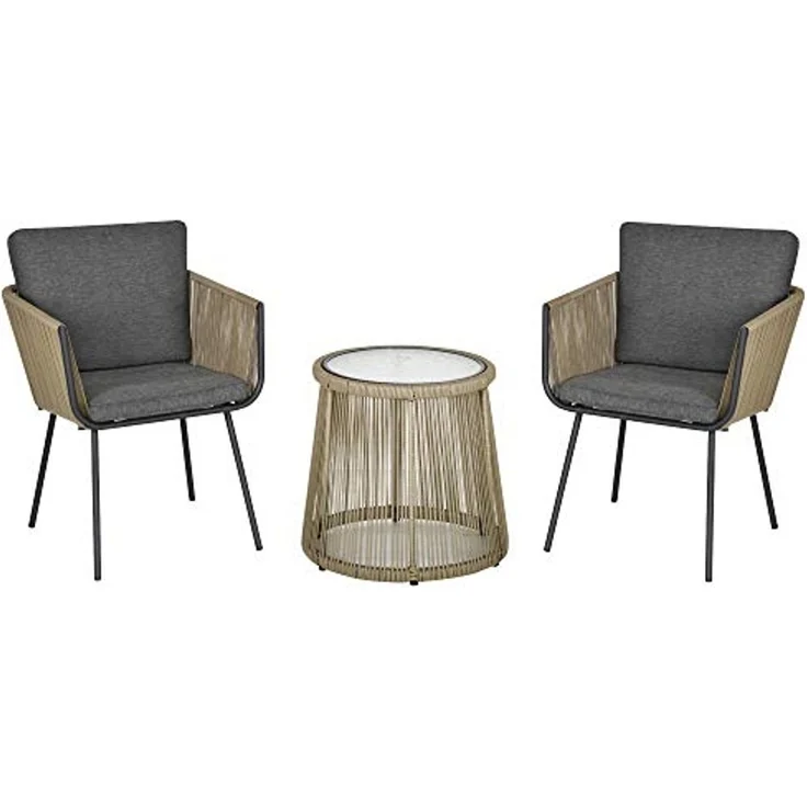 Outsunny Gartenlounge-Set Rattan Gartenmöbel-Set mit 2 Gartenstühle, Beistelltisch, (Sitzgruppe, 3-tlg, Gartengarnitur), für Balkon, Stahl, Grau – Bild 1