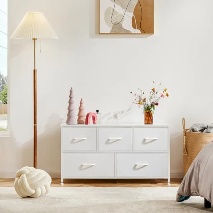 Sweetcrispy Kommode für Schlafzimmer, breite Schublade Kommode Organizer Storage Drawers Fabric Storage mit 5 Schubladen, kleine Kommode, TV Stand für Schlafzimmer, Schrank, Wohnzimmer, Kinderzimmer – Bild 3