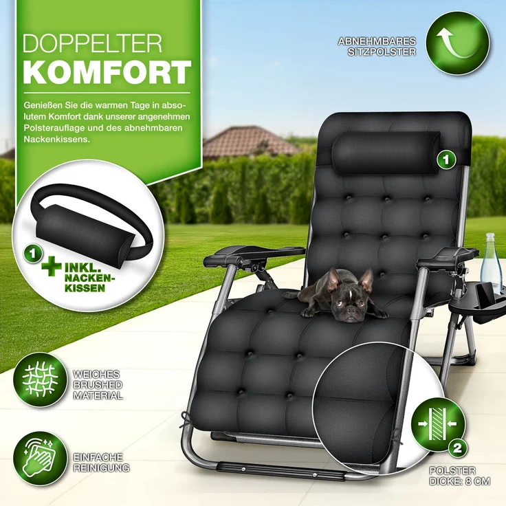 tillvex® Liegestuhl klappbar bis 200 kg Beige | Sonnenliege wetterfest für Balkon, Garten & Terrasse | Outdoor Liege verstellbar mit dickem Polster | Relaxliege mit Nackenkissen, Getränkehalter & Auflage – Bild 2