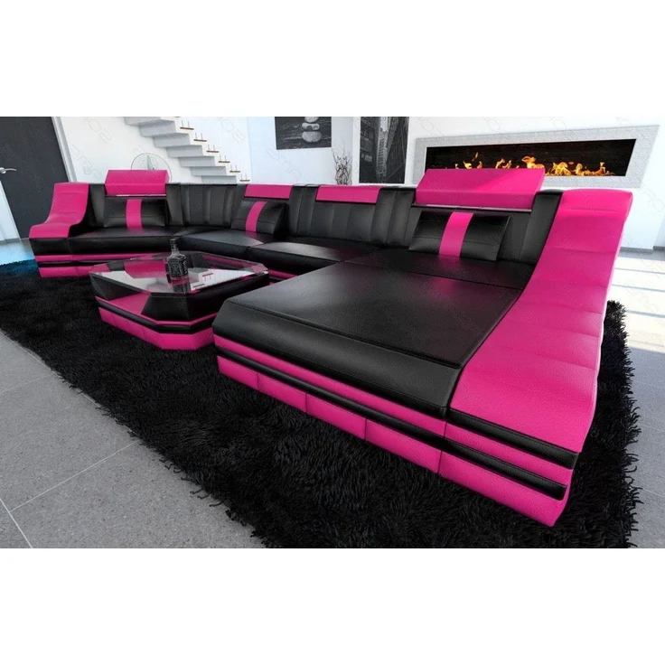 Sofa Dreams - Mini Luxus Wohnlandschaft Turino C-Form mit LED - Echtleder - Schwarz-Pink - Rechts – Bild 3