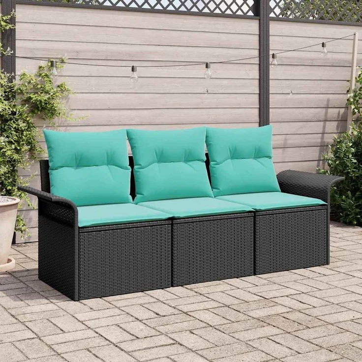 vidaXL Garten-Sofa-Set mit Kissen 3 pcs Schwarz Poly Rattan 3353895 – Bild 1