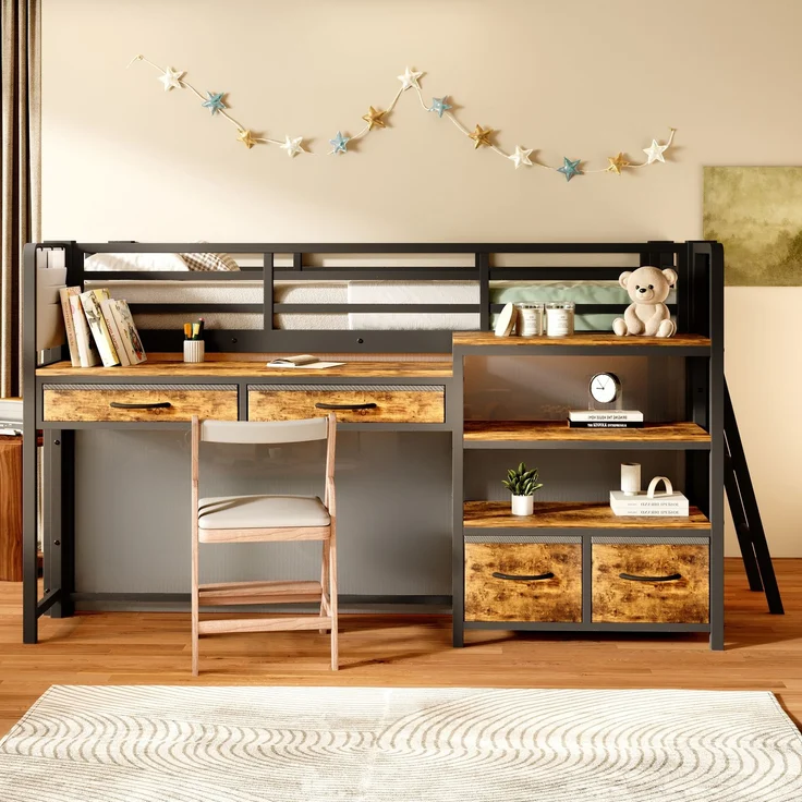 ZUBALIYA Hochbett 90x200 cm mit Schreibtisch, Stauraum und Stoffschubladen, Kinderbett aus Metall mit Vorhang, mehrschichtigem Regal und LED-Licht, Schwarz – Bild 4