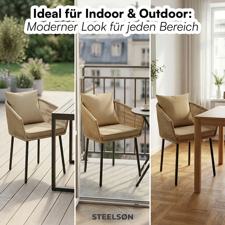 STEELSØN 'Nair' Polyrattan Gartenstuhl, 6er-Set, hellbraun, wetterfest & UV-beständig, Balkonstühle bis 160 kg belastbar, Gartensessel inkl. Kissen – Bild 8