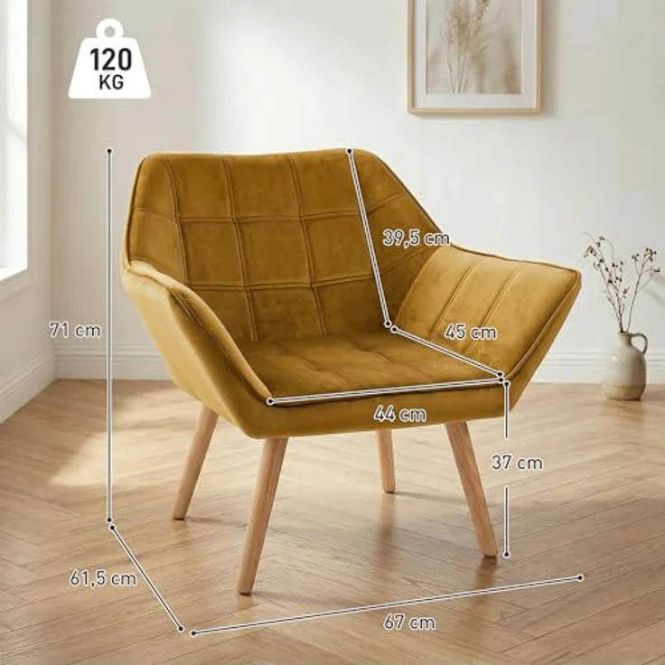 HOMCOM Relaxsessel Polstersessel mit Samtoptik, skandinavisch (Esszimmerstuhl, 1-St, Stuhl), für Wohnzimmer, Schlafzimmer, Gelb – Bild 3