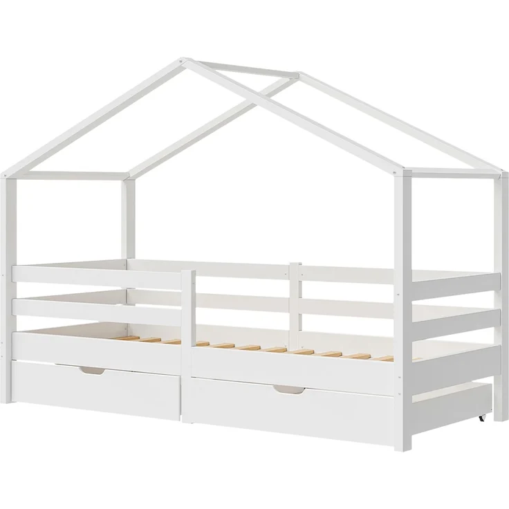 Bellabino 'Abia' Hausbett 90x200 cm mit 2 Schubladen, weiß, Kiefer Massivholz, Montessori Kinderbett mit Stauraum, inkl. Rausfallschutz und Lattenrost – Bild 2