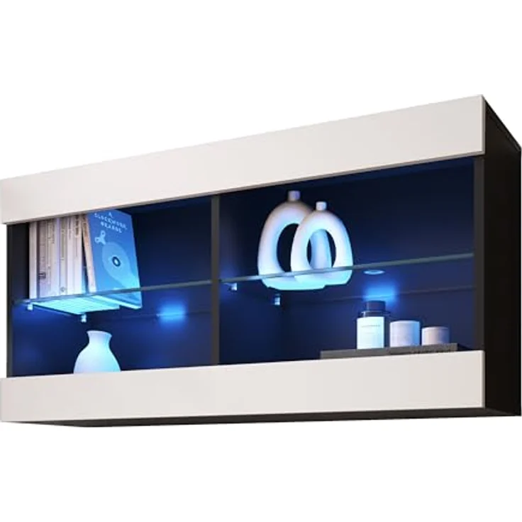 Komodee Hängevitrine Tivoli, Schwarz-Weiß, Glas, 2 Fächer, Rechteckig, 100x50x29.5 cm, optionale LED-Beleuchtung – Bild 3