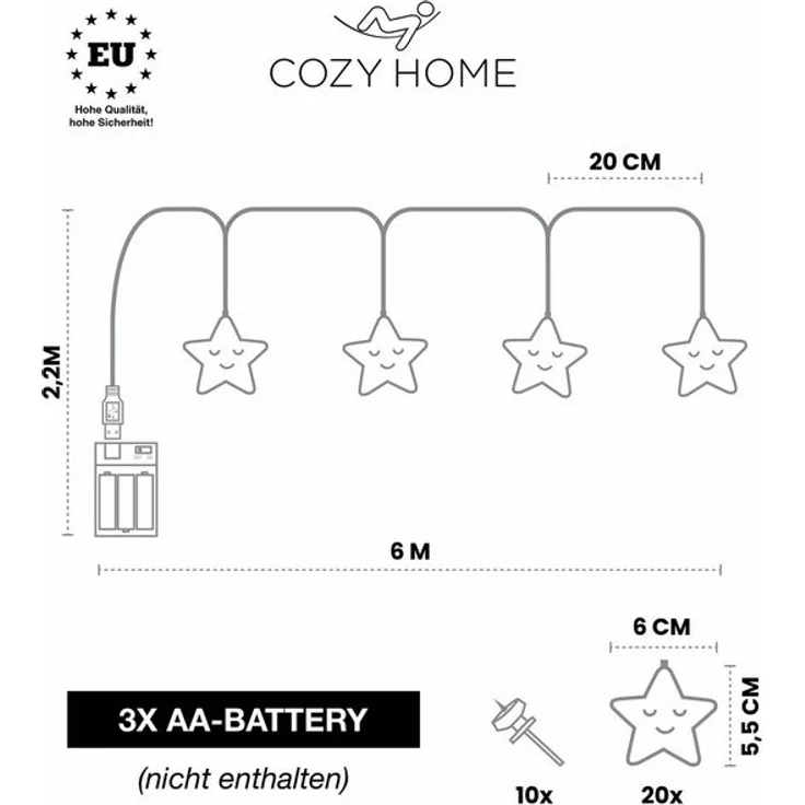 COZY HOME Lichterkette Sterne für Kinder, mit APP steuerbar, Batterie & Stecker, 20 warmweiße Sterne, 8 Modi, Dimmbarkeit & Musikmodus – Bild 4