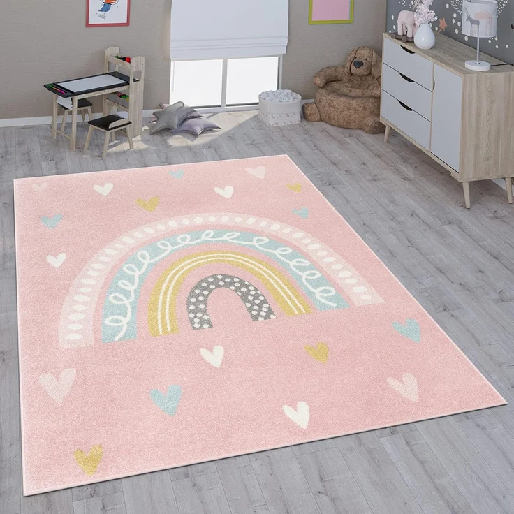 Paco Home Kinderteppich Nino 887, rechteckig, Höhe: 13 mm, Kurzflor, Spielteppich, Motiv Regenbogen & Herzen, Kinderzimmer – Bild 1