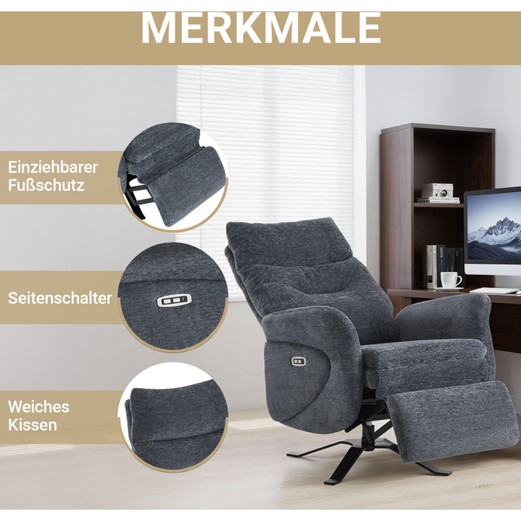 HOME NATURE WOHNKONZEPT Elektrischer Relaxsessel mit USB-Anschluss, elektrisch verstellbarer TV-Sessel mit Liegefunktion, Chenille Dunkelgrau, bis 350 kg, FT9207-A – Bild 4