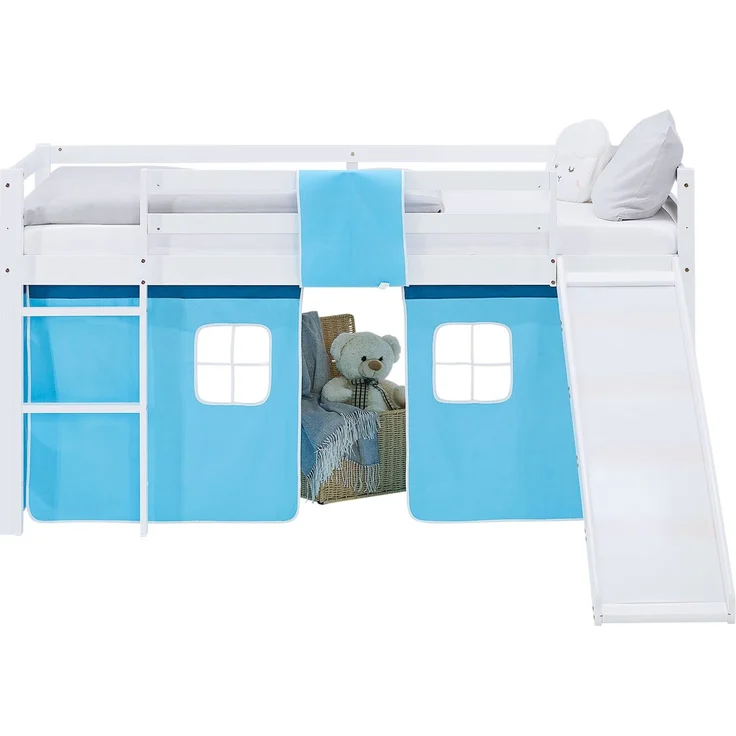 Hochbett Kinder 90x200 cm mit Lattenrost Rutsche Kinderbett Stockbett Vorhang Blau Leiter Holz Massiv – Bild 3