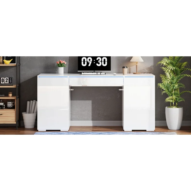 ZUBALIYA 140x50cm großer Schreibtisch in Hochglanz, mit LED-Beleuchtung, 1 Schublade und 2 Türen, moderner Computertisch mit extra großer Arbeitsfläche, Schminktisch mit Stauraum, in Weiß-Hochglanz – Bild 21