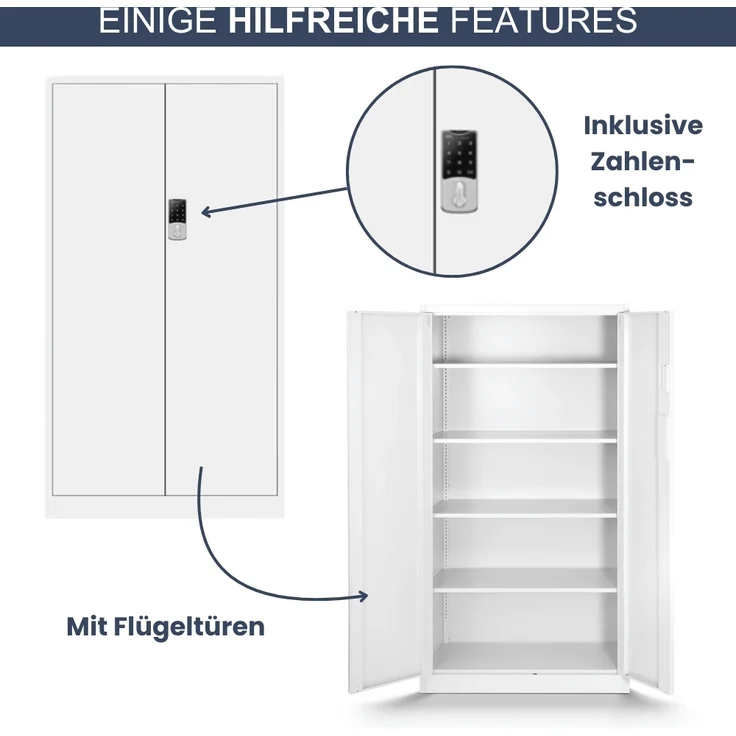 Metallschrank abschließbar ODIS - Zahlenschloss, 5 Ebenen | Aktenschrank Büroschrank Stahl Mehrzweckschrank Werkstatt Werkzeugschrank, 185x90x40cm Weiß – Bild 5