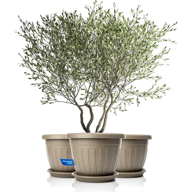 BigDean 3x Blumentopf mit Untersetzer rund ø50xH38 cm Mokka/braun - wetterfester Pflanzkübel - Wasserablauf UV-beständig aus bruchsicherem Kunststoff - Innen + Außen geeignet - Made in Europe – Bild 1
