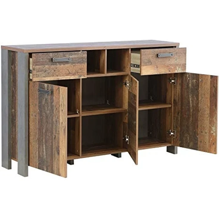 Forte Clif Esstisch ausziehbar, Holzwerkstoff, Old-Wood Vintage 160-200 x 76,6 x 90 cm & Clif Kommode mit 3 Türen und 2 Schubkästen, Dunkelgrau, 156,4 x 86,3 x 41,6 cm – Bild 7