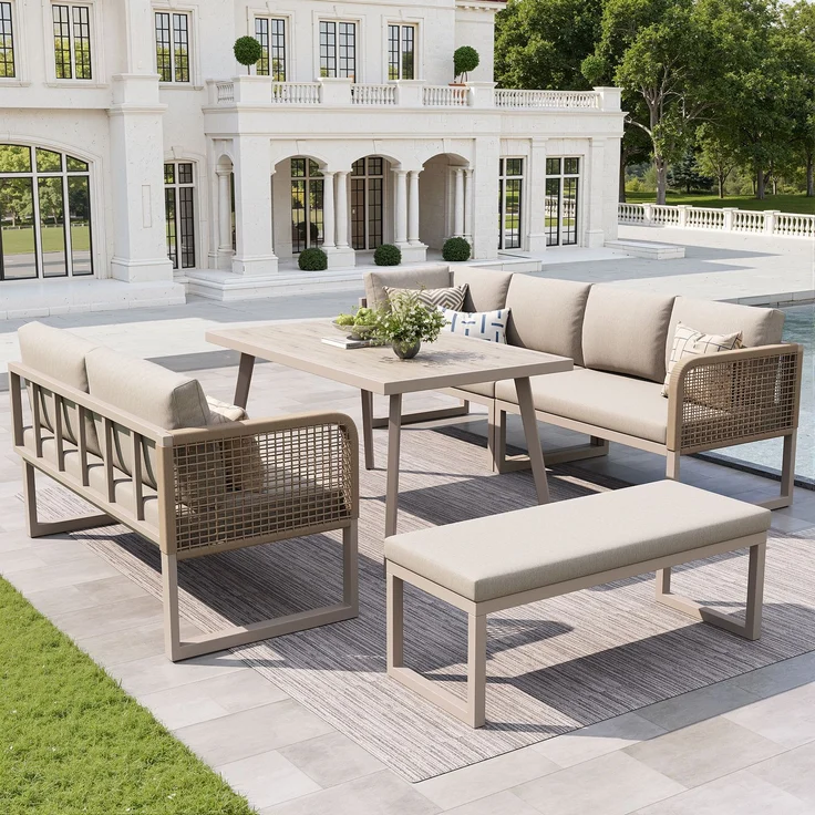 Merax Gartenmöbel Set mit Sitzkissen & Rückenkissen, Garten-Lounge-Set, Garten Loungesessel für 6-8 Personen, SetHandgeflochtene PE-Rattan Polstergruppe, Beige – Bild 2