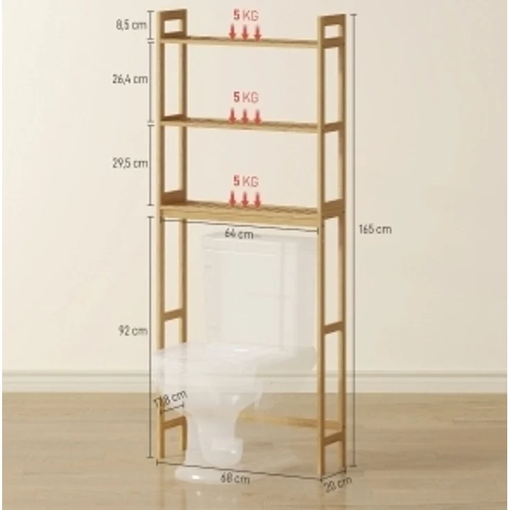 Toilettenregal 68 x 20 x 165 cm aus Bambus mit 3 offenen Ablagen und Kippschutz – Bild 2