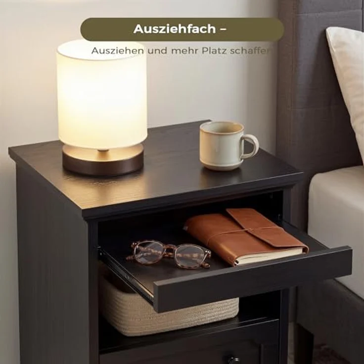 IRONCK Nachttisch, Moderne Nachtkonsole mit 2 Schubladen, Offenem Fach, Beistelltisch mit Herausziehbarer Ablage, Holz-Nachttisch für Schlafzimmer, Wohnzimmer, Schwarz – Bild 6