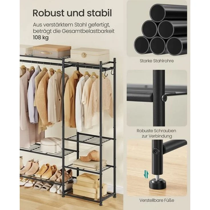 Garderobenständer mit Metallrahmen, offener Kleiderschrank, 7 Ablagen, 2 Kleiderstangen, schwarz – Bild 4