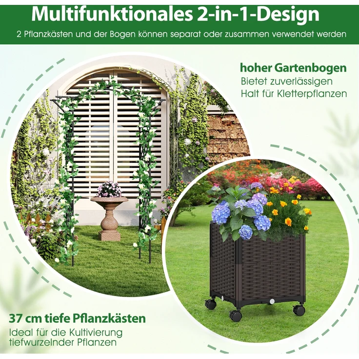 2 in 1 Rosenbogen mit Blumenkasten Gartenbogen aus Metall & PP Spalier Rankbogen Schwarz – Bild 4