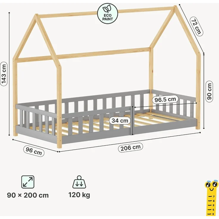 Hausbett Hesel mit Rausfallschutz 90x200 cm Grau/Natur [en. casa] – Bild 2