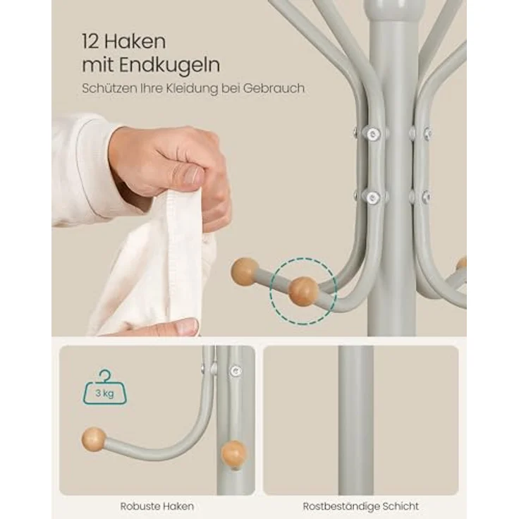 SONGMICS Garderobenständer aus Metall, stabiler Kleiderständer, Garderobe, für Kleidung, Taschen und Hüte, Höhe 182 cm, mit 12 Haken, cappuccinobeige RCR019K01 – Bild 5