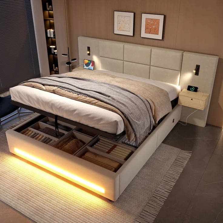 TavilaEcon Boxspringbett mit Samtkopfteil, praktischen Stauschubladen und LED-Nachtlicht beige Liegefläche 180 × 200 cm – Bild 3