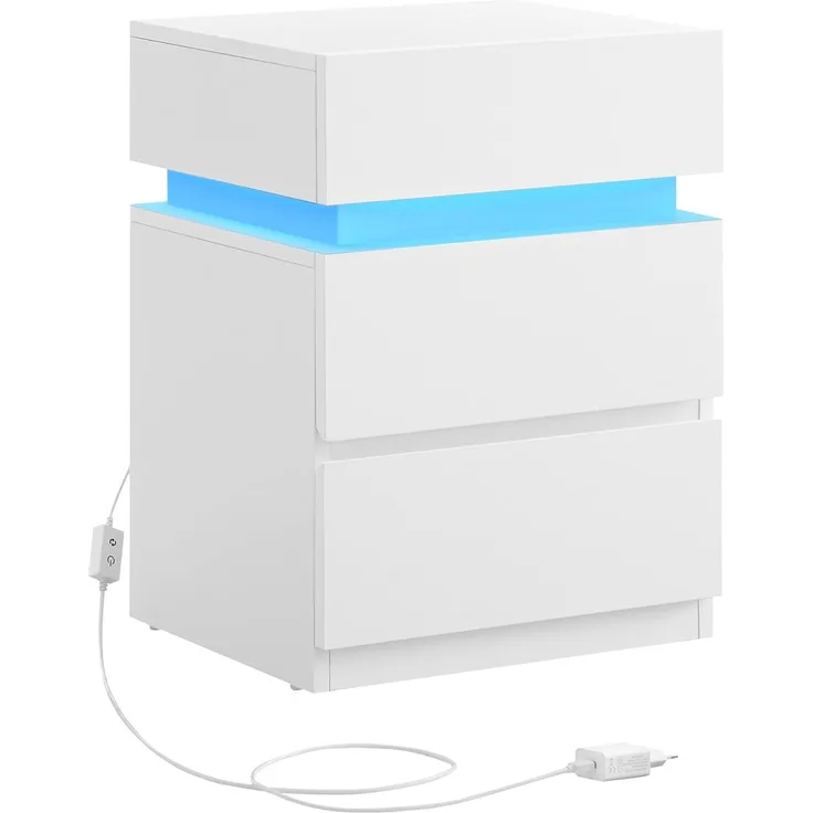 Vasagle Nachttisch mit LED-Beleuchtung, Beistelltisch, einstellbare Farben, Sofatisch mit 3 Schubladen, Nachtschrank für Schlafzimmer, Wohnzimmer, modern, 35 x 40 x 55 cm, weiß