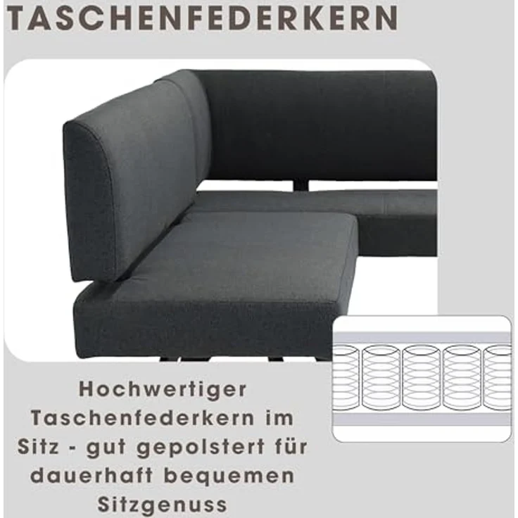 byLIVING Eckbank Toronto, Bezug in dunkelgrau, Gestell in schwarz, L-Form Langer Schenkel Links, Taschenfederkern, Küchenbank, Speisezimmerbank, Maße: B 182, H 85, T 128 cm – Bild 5