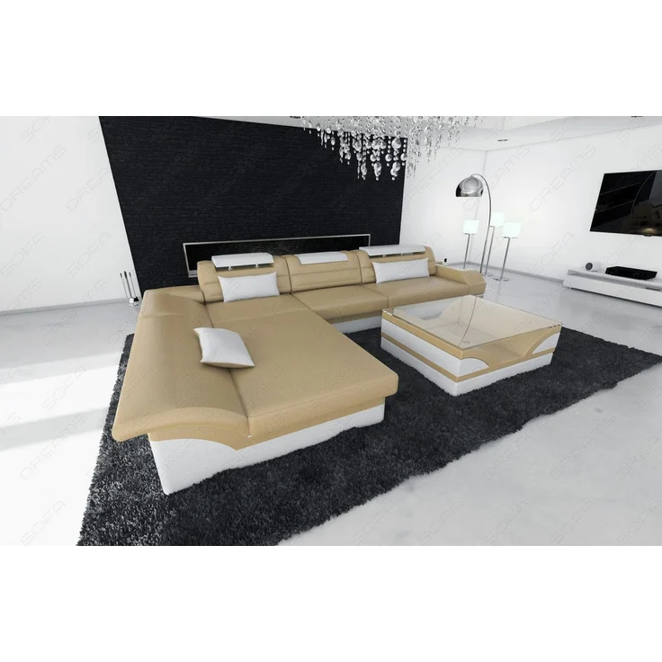 Mini Couch Monza Eleganz L Form in Leder - Echtleder - sandbeige-weiß - Links – Bild 6