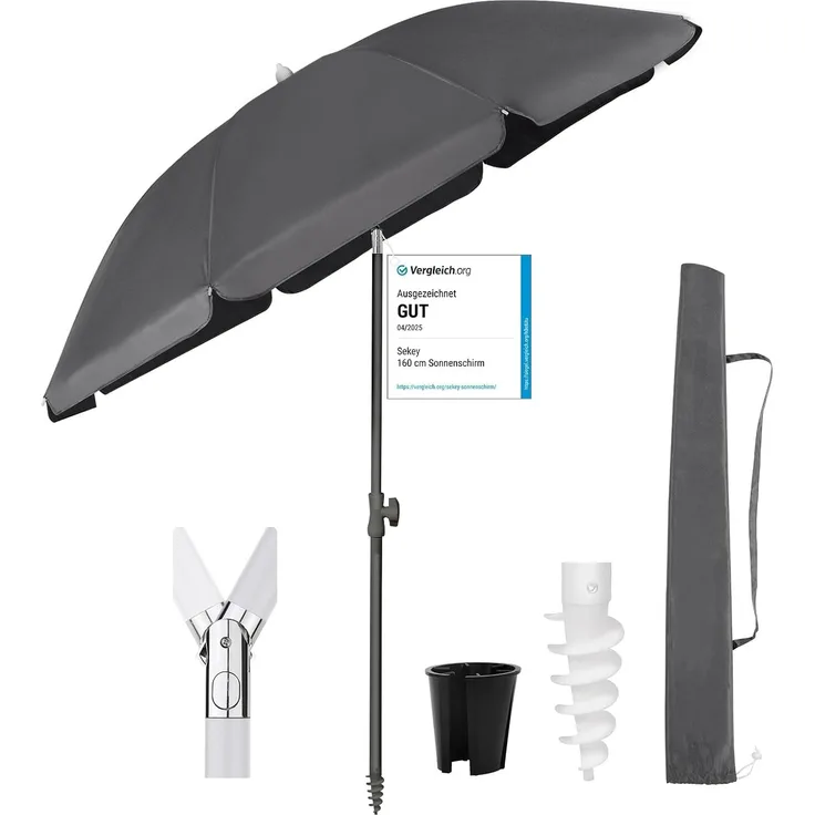 Sekey® 180 cm Sonnenschirm Balkon mit Bodenhülse & Schutzhülle, Neigungs- und Höhenverstellung, Sonnenschirm Strand für Balkon, Garten & Terrasse, Runder Sonnenschutz UPF 50+