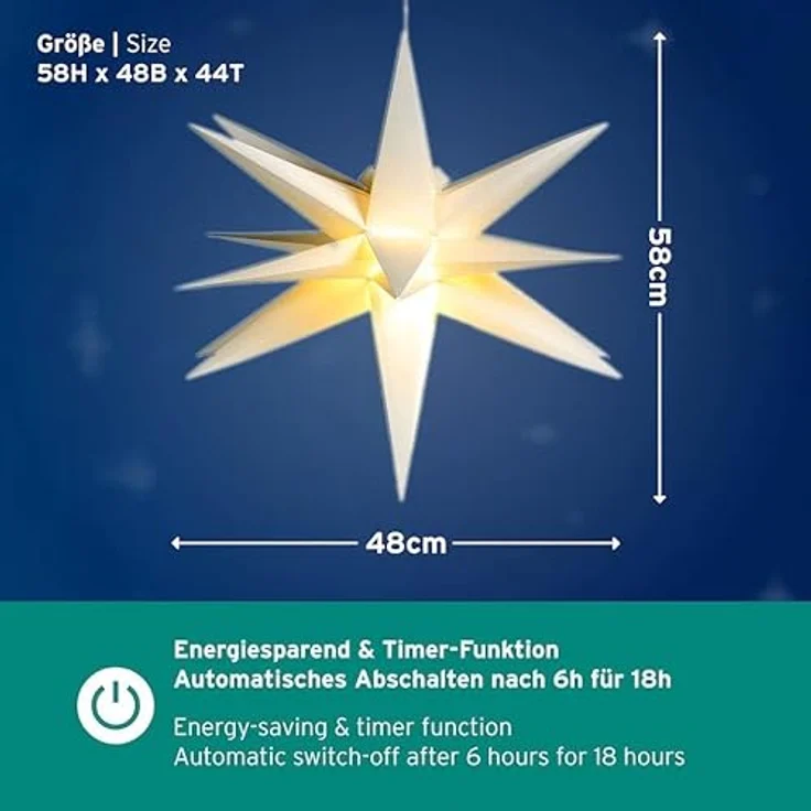 Gartenpirat LED Stern Faltstern 18 Zacken aus Kunstoff-Folie mit LED-Birne warmweiß, Timer-und Schalter-Funktion: Schalter mit 3 Funktionen(ON/OFF/TIMER) – Bild 3