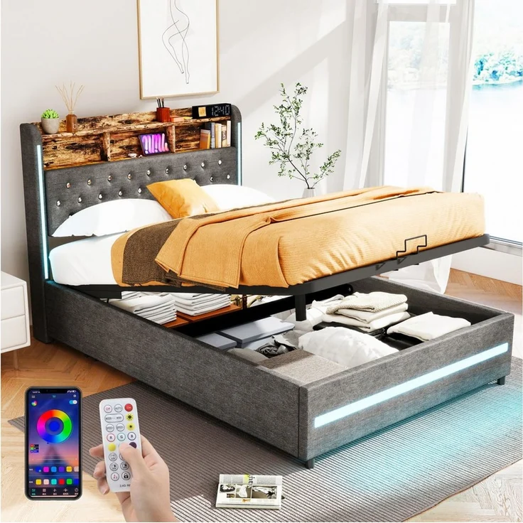 oyajia Polsterbett Stauraumbett Doppelbett LED, Leinenstoff (Mit Bettkasten, LED-Beleuchtung, 140x200 cm), Hydraulisch hebbarer Stauraum – Bild 5