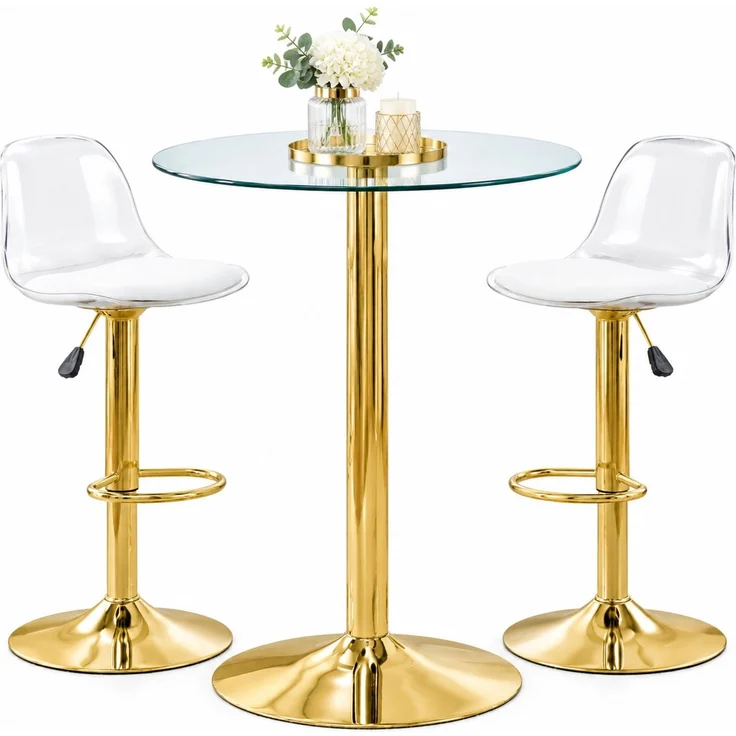 Bartisch-Set mit 2 Hockern, Glastisch Ø 89 cm, höhenverstellbare und drehbare Hocker – Bild 7