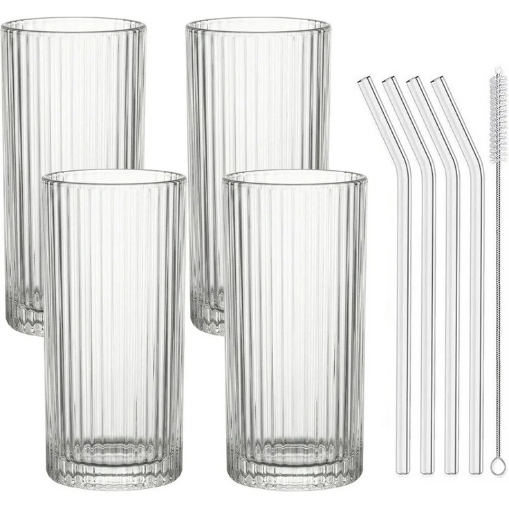 mixed24 Gläser-Set 4er Set Geriffelte Gläser 370ml inkl. Glashalm, ideal für Iced Matcha Latte, Latte Macchiato, Cocktails, Smoothies – Bild 3