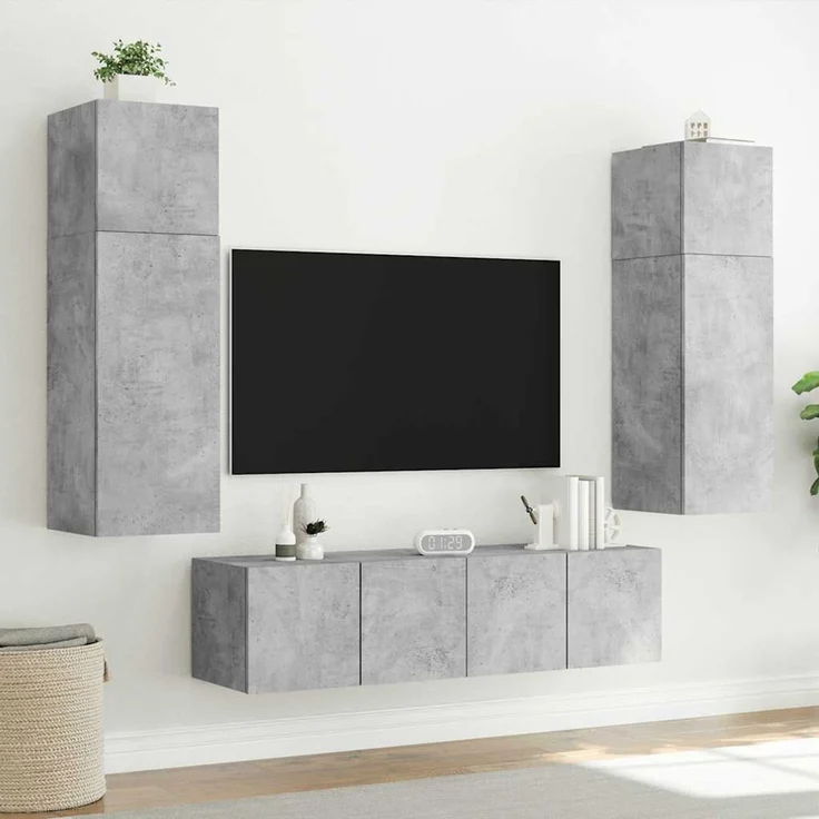 2 pcs TV-Wandschrank, TV Hängeboard mit LED-Leuchten. Betongrau 80x35x31 cm – Bild 5
