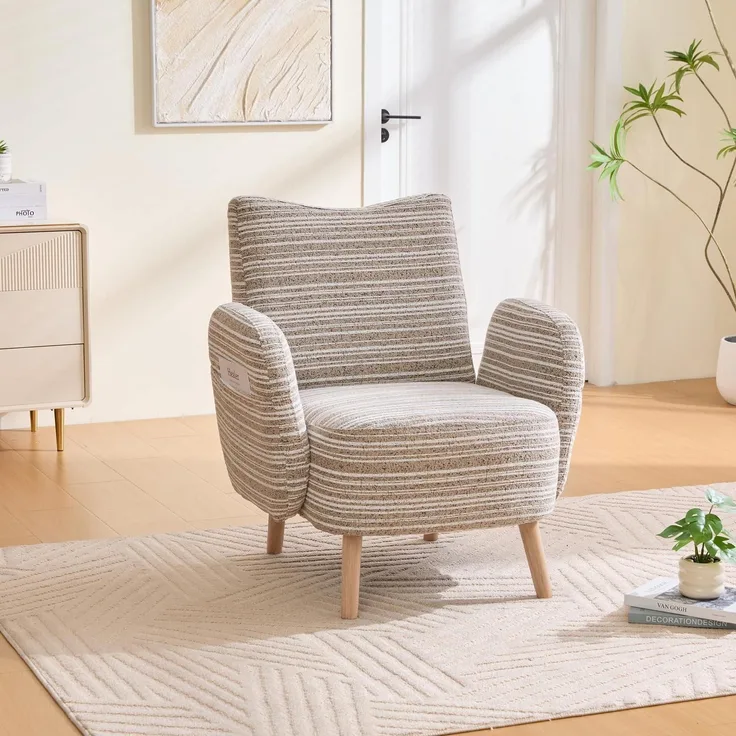 Ohrensessel Fernsehsessel Boucle Sessel Massivholzbeine 77x81cm Khaki