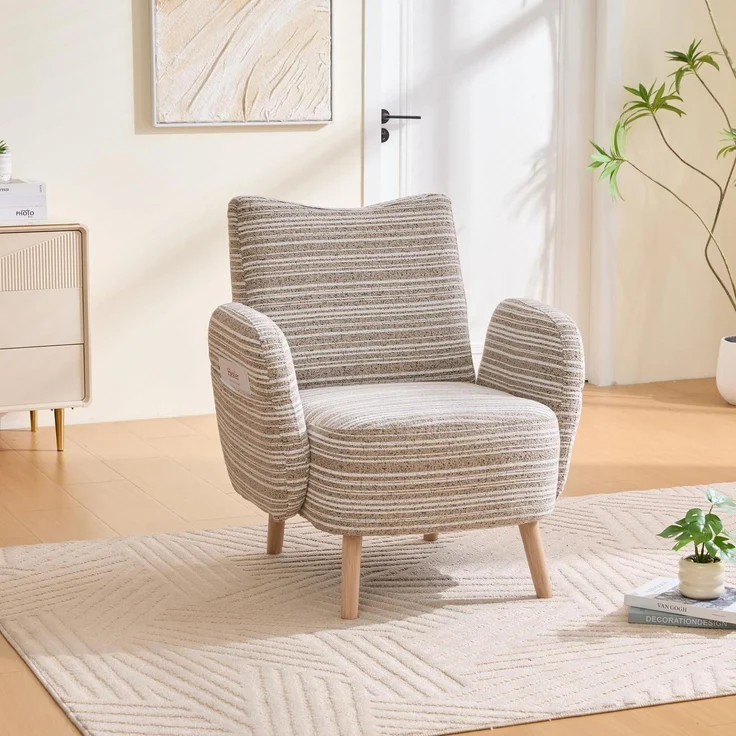 Ohrensessel Fernsehsessel Boucle Sessel Massivholzbeine 77x81cm Khaki – Bild 1