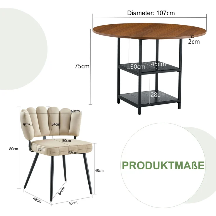Esstischgruppe H 75 x T 107 x B 107 cm in Nussbaum-Optik mit 2 Stoffstühlen und doppelter Ablage – Bild 3